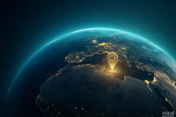 A glowing teal globe with a golden location pin and dotted travel routes on a deep ocean-blue background A glowing teal globe with a golden location pin and dotted travel routes on a deep ocean-blue background