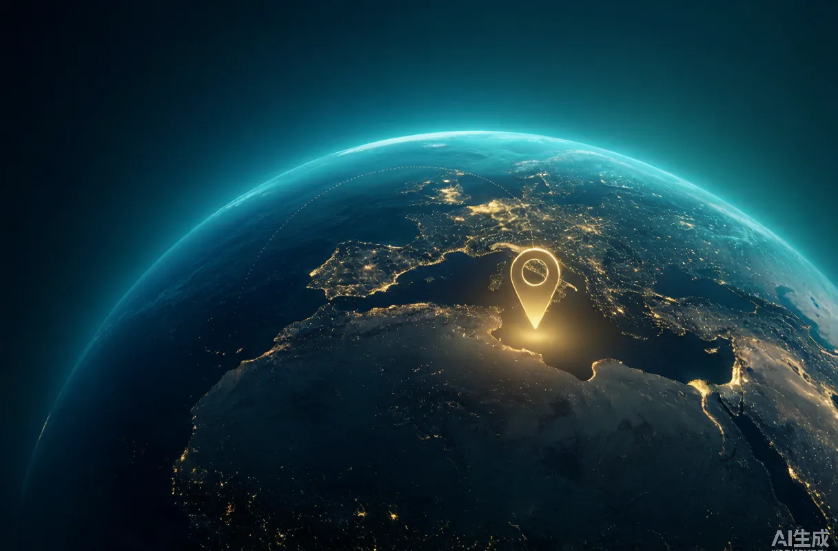 A glowing teal globe with a golden location pin and dotted travel routes on a deep ocean-blue background