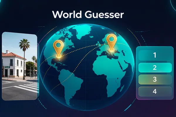 Two glowing golden location pins facing off across a teal and deep ocean-blue world map, with a semi-transparent street-view panel and a glowing leaderboard, connected by dotted travel routes Two glowing golden location pins facing off across a teal and deep ocean-blue world map, with a semi-transparent street-view panel and a glowing leaderboard, connected by dotted travel routes