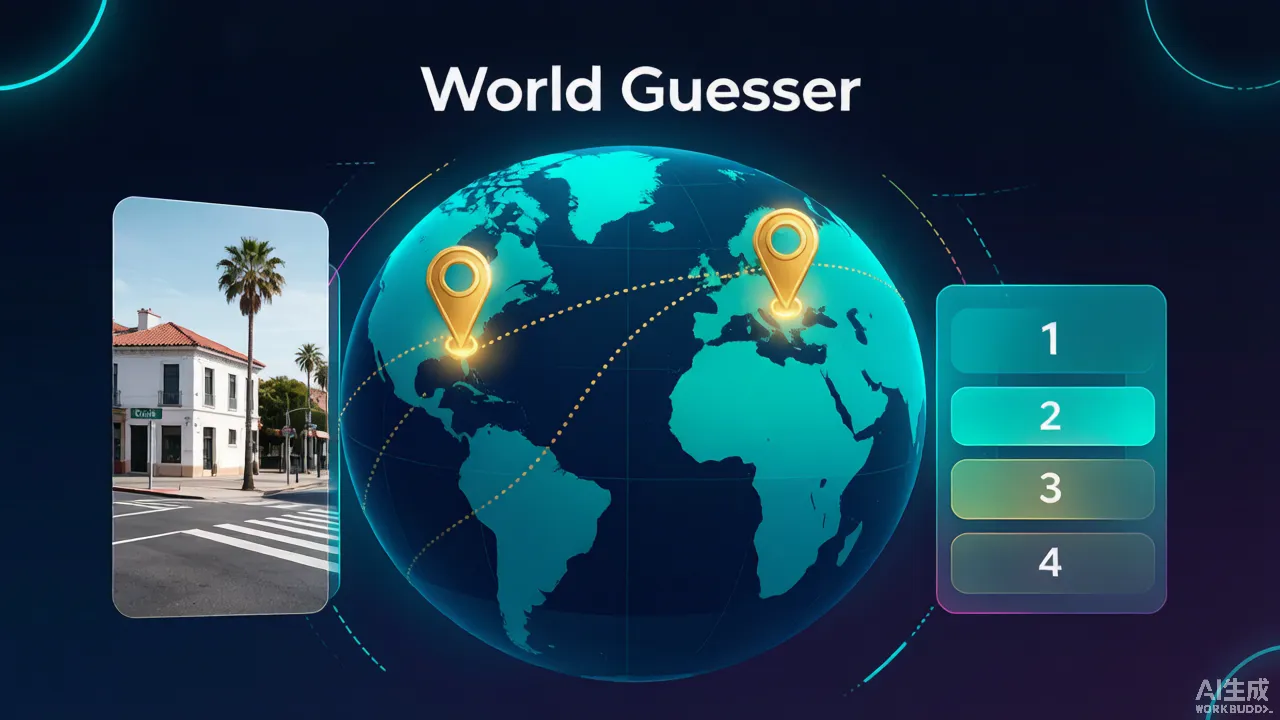 Two glowing golden location pins facing off across a teal and deep ocean-blue world map, with a semi-transparent street-view panel and a glowing leaderboard, connected by dotted travel routes Two glowing golden location pins facing off across a teal and deep ocean-blue world map, with a semi-transparent street-view panel and a glowing leaderboard, connected by dotted travel routes