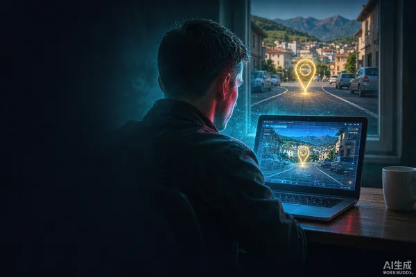 Person playing World Guesser on a laptop at night, with a glowing street-view panorama and a golden location pin hovering over the scene.
