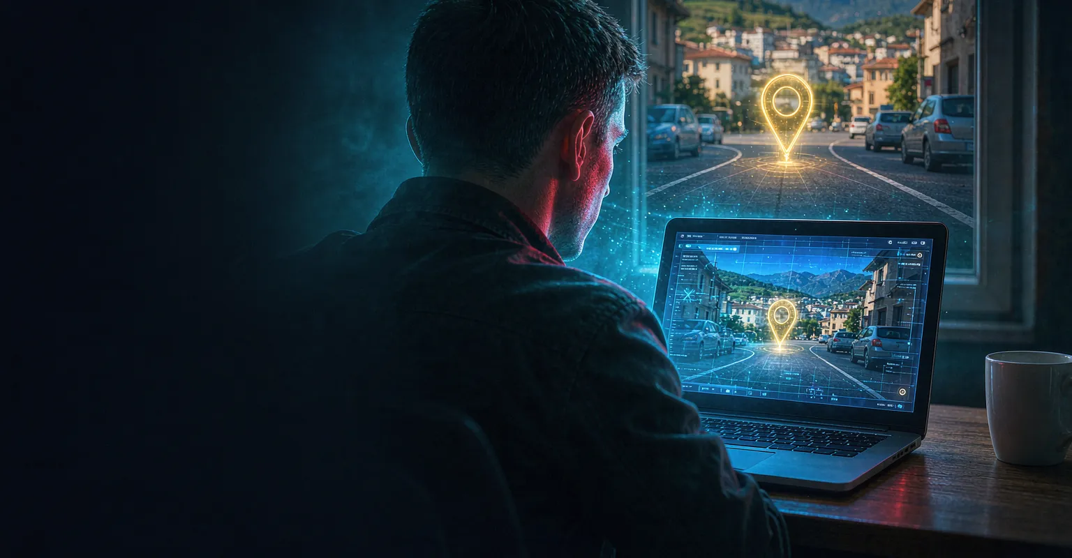 Person playing World Guesser on a laptop at night, with a glowing street-view panorama and a golden location pin hovering over the scene.